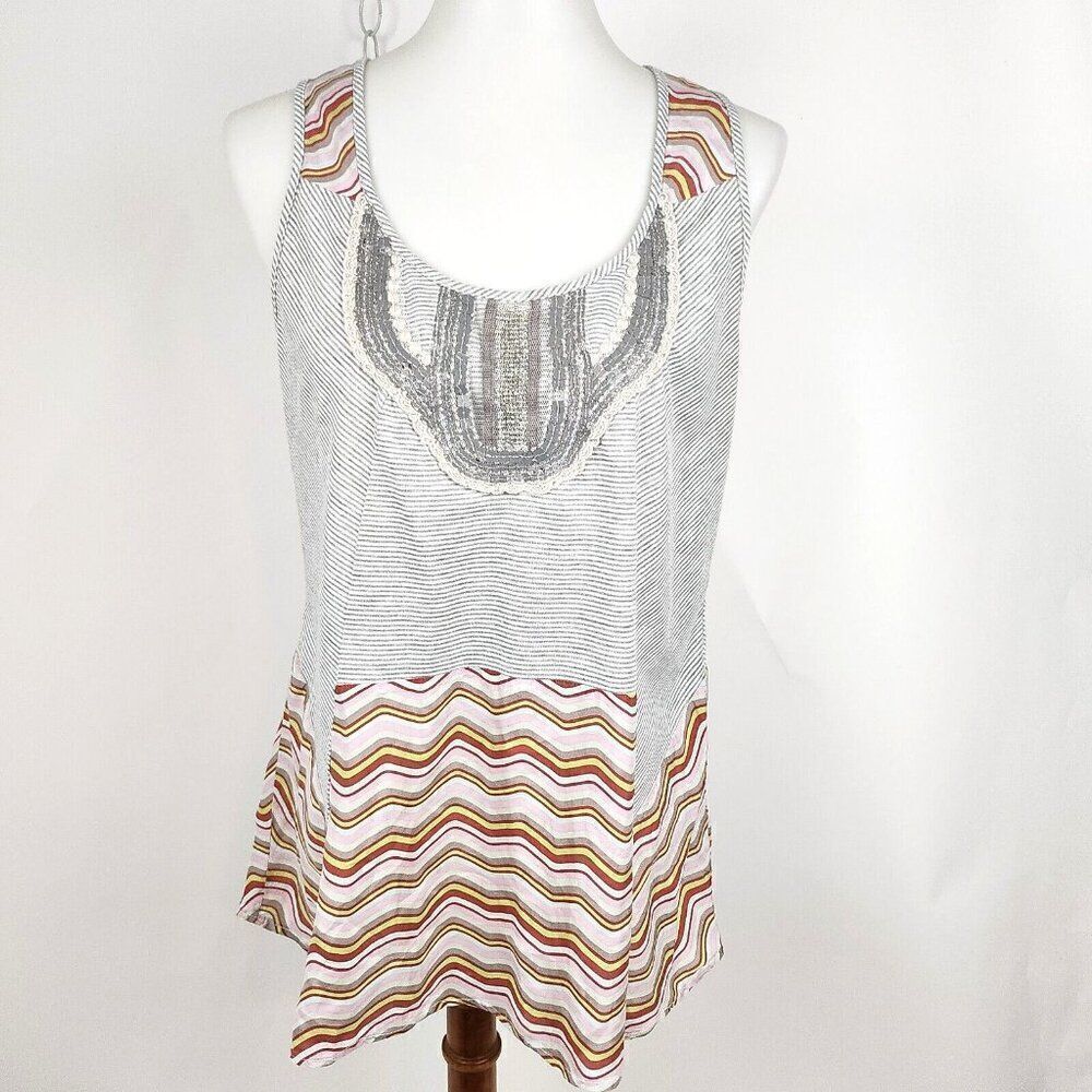 A Common Thread Silk Blend Striped Sequin Lace Metallic Gray Flowy Tank Top L